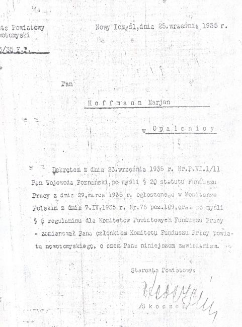 Mianowanie Mariana Hoffmana członkiem Komitetu Funduszu Pracy w 1935 roku