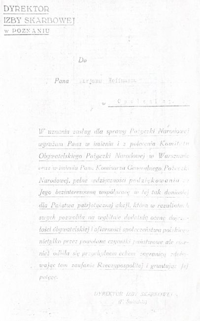 Dyrektor Izby Skarbowej z podziękowaniem dla Mariana Hoffmana