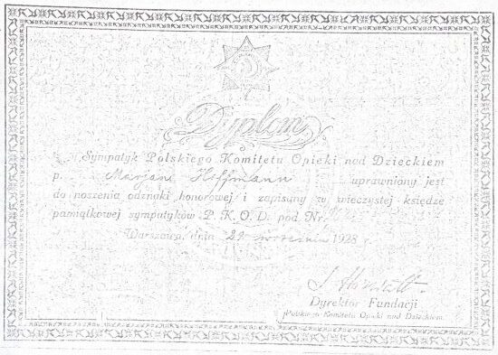 Dyplom sympatyka Polskiego Komitetu Opieki na Dziećmi dla Marjana Hoffmana