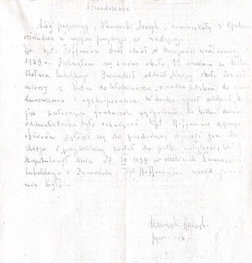 Oświadczenie podporucznika rezerwy Henryka Nawrockiego dotyczące kapitana Mariana Hoffmana