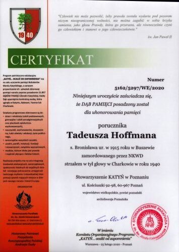 Certyfikat Tadeusza Czesława Hoffmanna - dąb pamięci