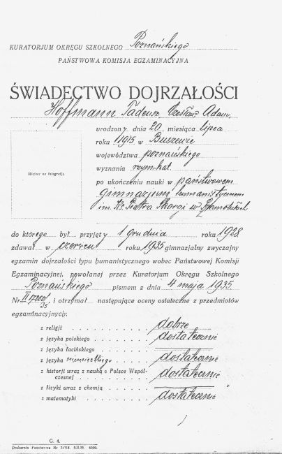 Świadectwo dojrzałości Tadeusza Hoffmanna