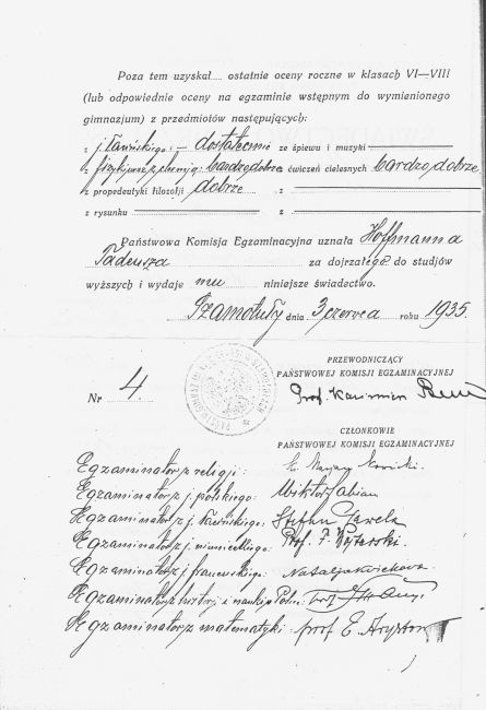 Świadectwo dojrzałości Tadeusza Hoffmanna z 1935 roku