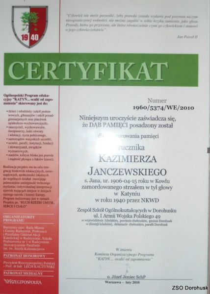 Certyfikat Dębu Pamięci Kazimierza Janczewskiego