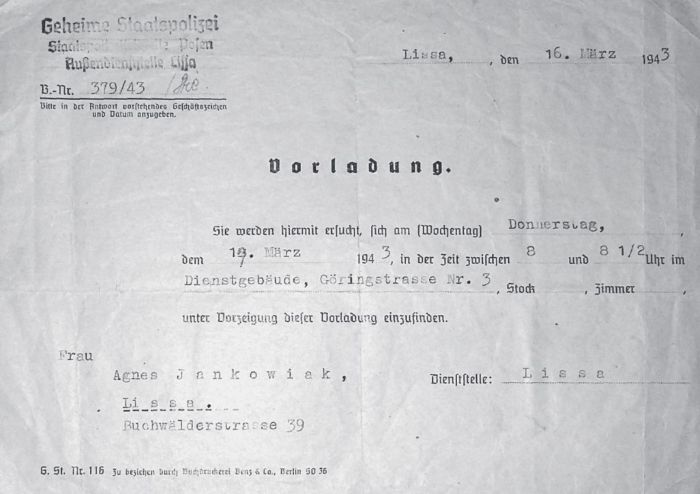 Wezwanie Agnieszki Jankowiak do siedziby Gestapo w Lesznie.