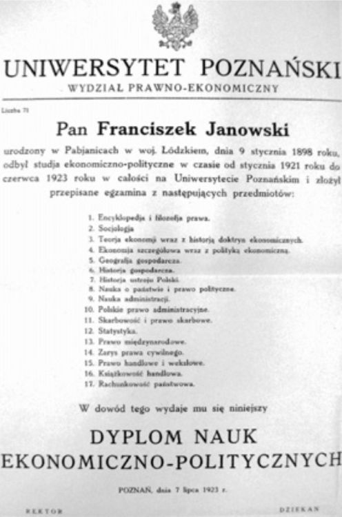 Dyplom Nauk Ekonomiczno-Politycznych Franciszka Janowskiego z Uniwersytetu Poznańskiego z 7 lipca 1923 roku.