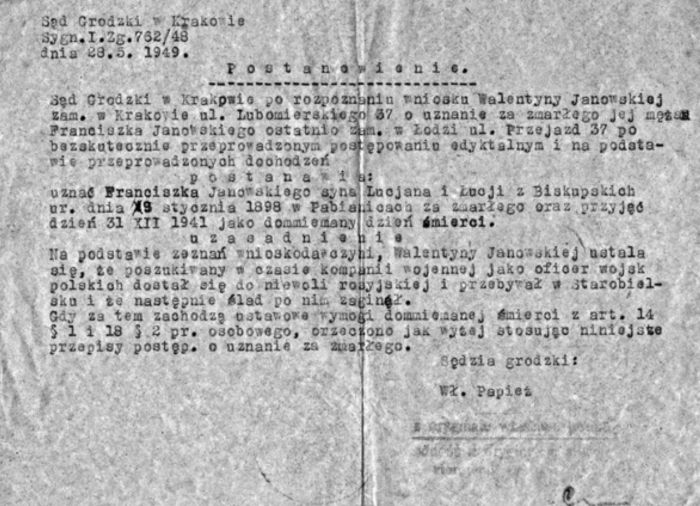 Postanowienie Sądu Grodzkiego w Krakowie z dnia 28.5.1949 w sprawie Franciszka Janowskiego.