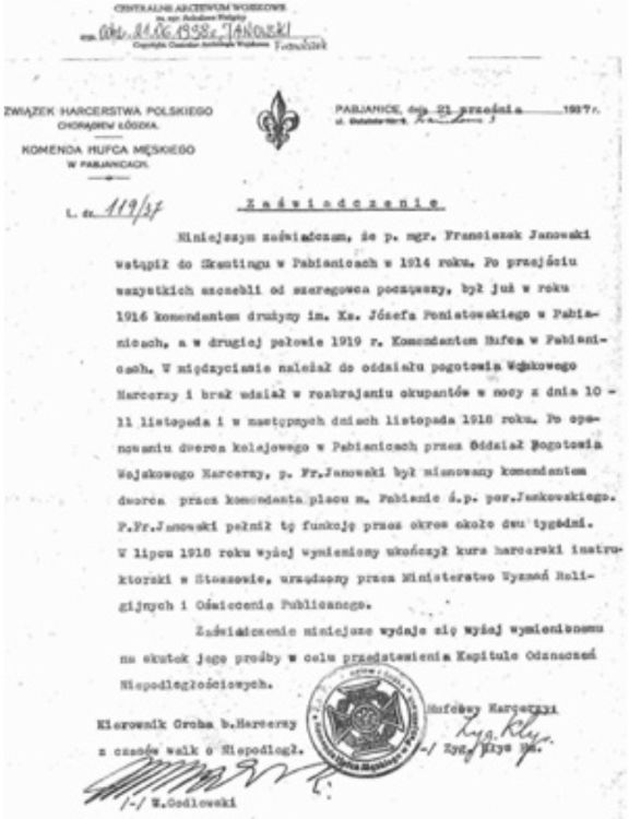 Zaświadczenie wydane Franciszkowi Janowskiemu celem przedstawienia Kapitule Odznaczeń Niepodległościowych.