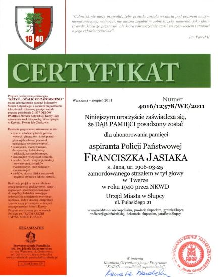 Certyfikat dębu pamięci Franciszek Jasiak