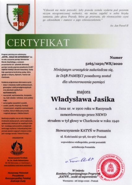 Certyfikat Dębu Pamięci Władysława Jasika