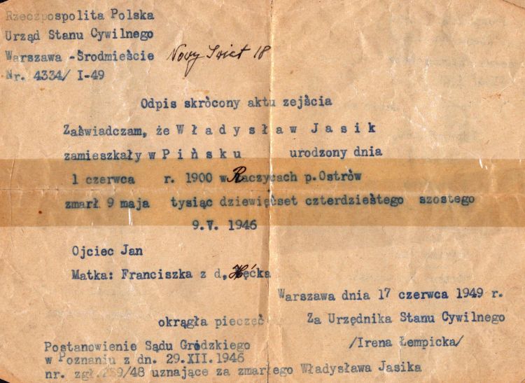 Odpis skr&oacute;cony aktu zejścia Władysława Jasika. 