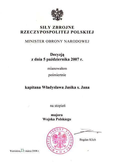 Władysław Jasik nominacja na wyższy stopień