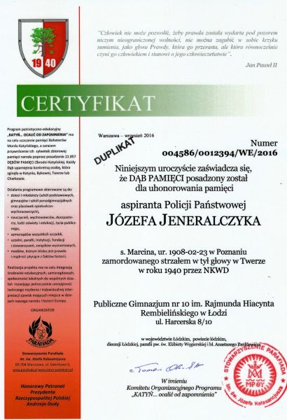 Certyfikat Dąb Pamięci - J&oacute;zef Jeneralczyk