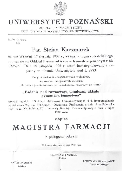 Dyplom magistra farmacji Stefana Kaczmarka z dnia 2 lipca 1930 roku.