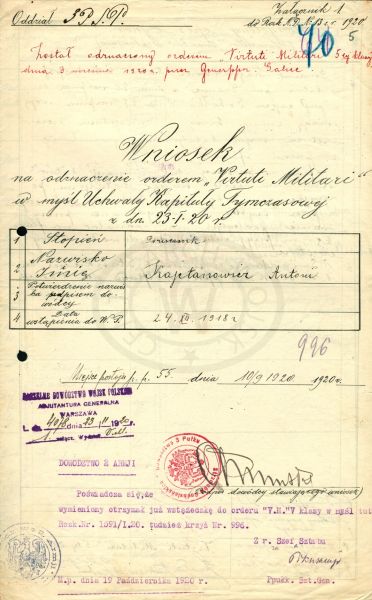 Wniosek o odznaczenie orderem Virtuti Militari dla Antoniego Kajetanowicza