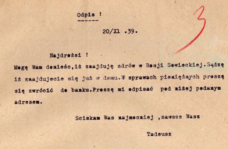 Odpis listu Tadeusza Kalkstein-Stoińskiego z dnia 20.XI.1939 roku 