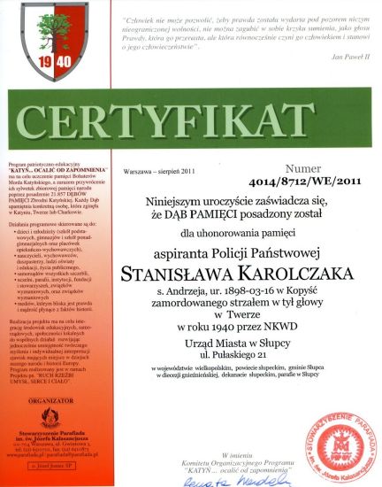 Certyfikat dębu pamięci Stanisława Karolczak