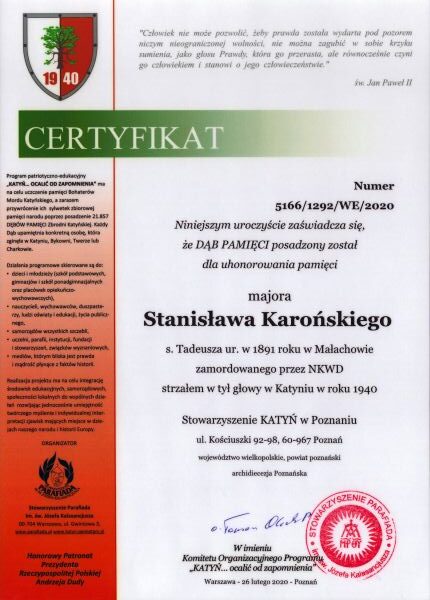 Karonski_Stanislaw_CertyfikatDabPamieci Certyfikat Dąb Pamięci dla majora Stanisława Karońskiego