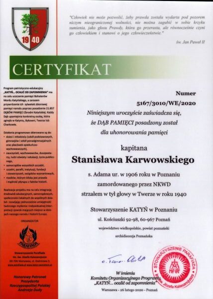 Certyfikat Dębu Pamięci dla kapitana Stanisława Karwowskiego