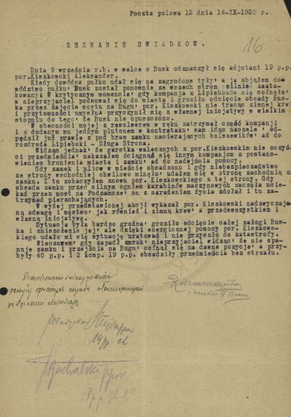 Zeznanie świadk&oacute;w do odznaczenia VM dla porucznika Aleksandra Kiszkowskiego 