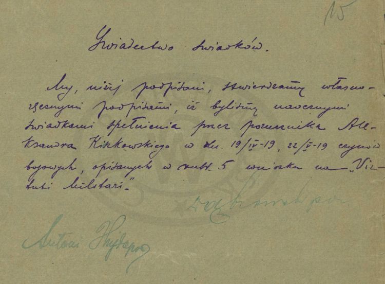 Świadectwo świadk&oacute;w - załącznik do wniosku VM Aleksandra Kiszkowskiego.