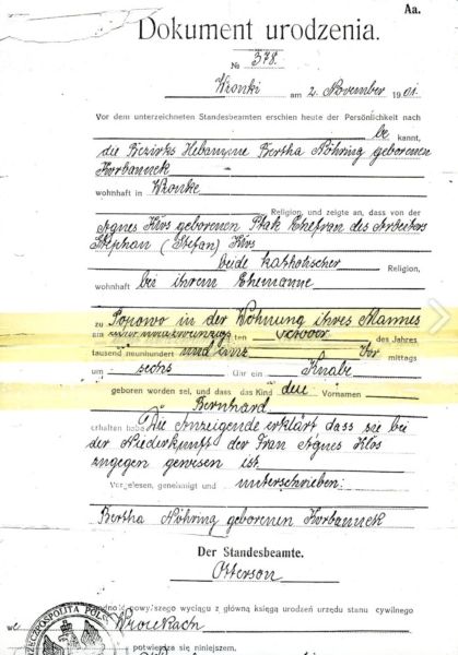 Metryka Bernarda Kłosa.