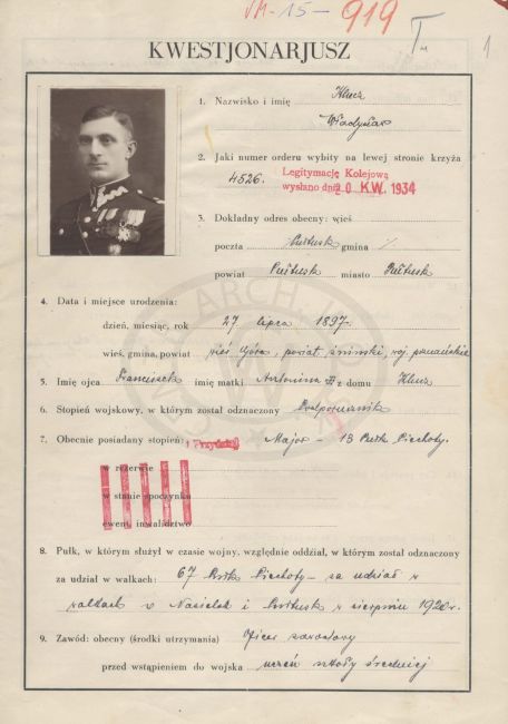Kwestionariusz osobowy Władysław Klucz, biuro WBH. 