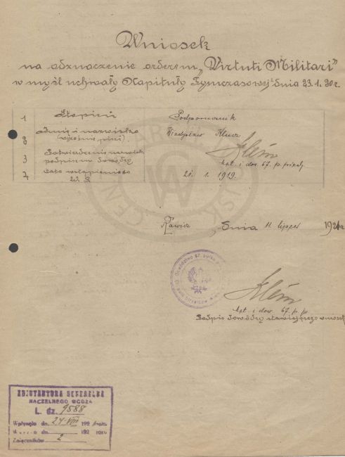 Wniosek Virtuti Militari Władysława Klucza, biuro WBH. 