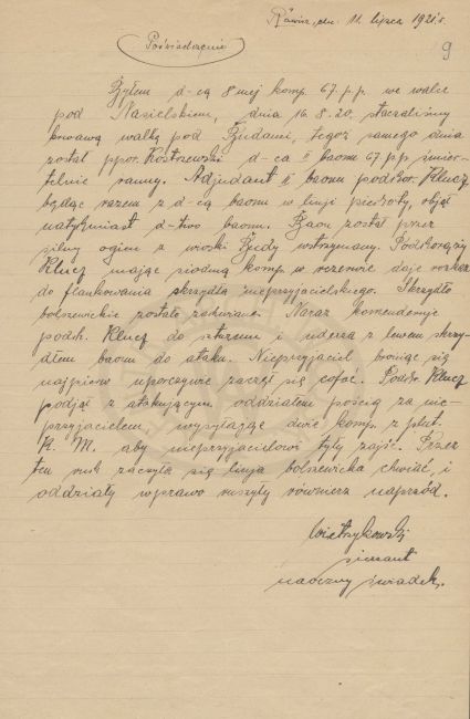 Wniosek Virtuti Militari Władysława Klucza - poświadczenie, biuro WBH. 