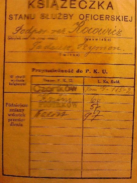 Książeczka Stanu Służby Oficerskiej podporucznika Tadeusza Kocowicza, przynależność do P.K.U.   
