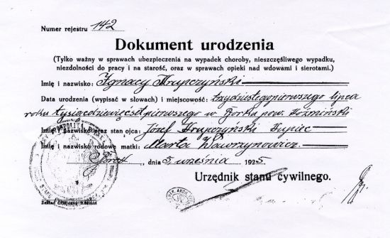 Akt urodzenia Ignacego Krupczyńskiego