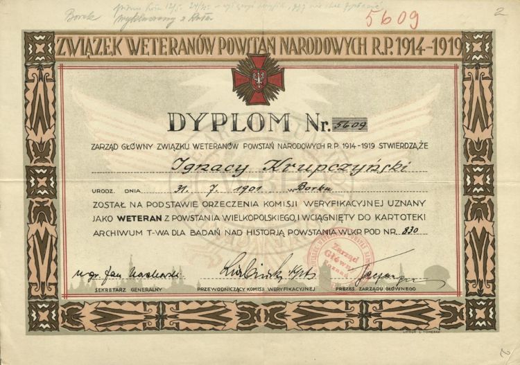 Dyplom weterana powstania wielkopolskiego Ignacego Krupczyńskiego