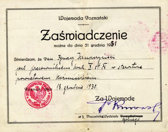 Zaświadczenie Ignacego Krupczyńskiego