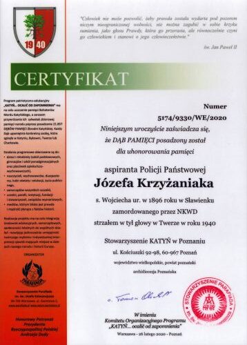 Certyfikat Dąb Pamięci J&oacute;zefa Krzyżaniaka
