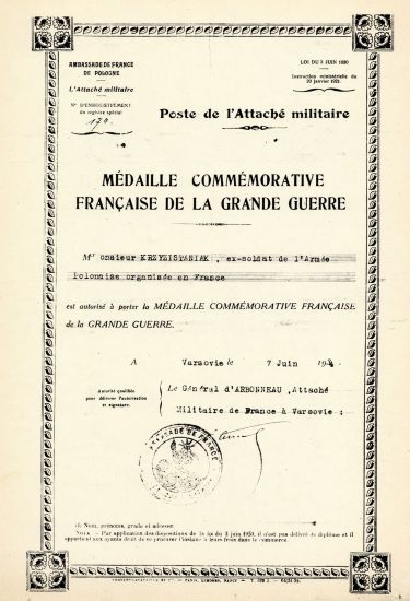 Dyplom Wiktora Krzyżostaniaka - medal francuski