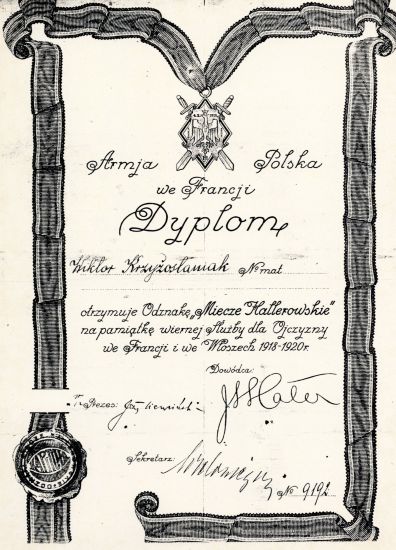 Dyplom Wiktor Krzyżostaniak - miecze hallerowskie
