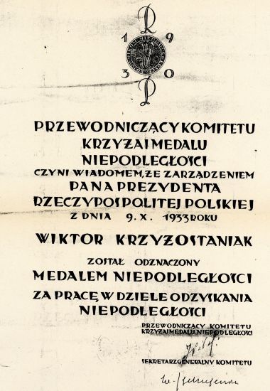 Dyplom Wiktor Krzyżostaniak - Medal Niepodległości