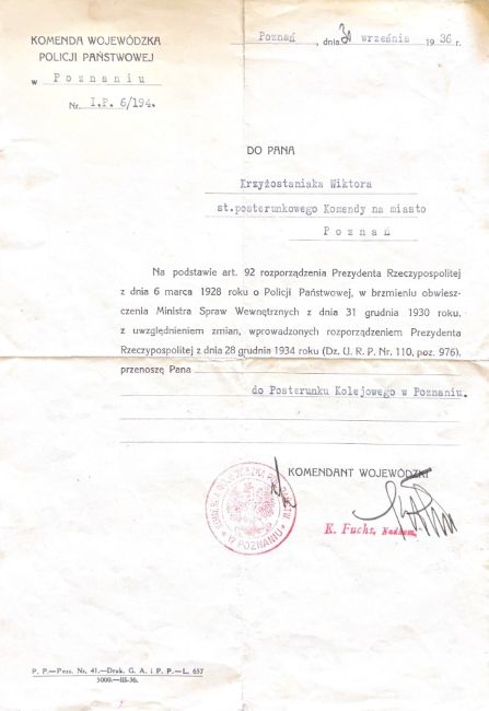 Przeniesienie Wiktora Krzyżostaniaka do Posterunku Kolejowego w Poznaniu.