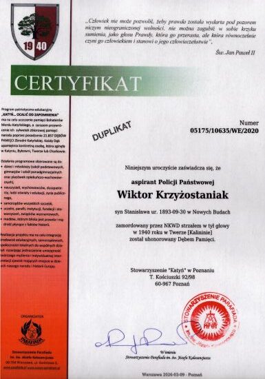 Certyfikat dębu pamięci Wiktora Krzyżostaniak