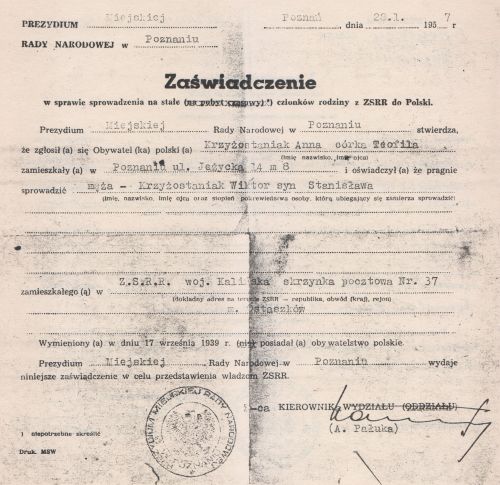Wniosek o sprowadzenie Wiktora Krzyżostaniaka do Polski z ZSRR