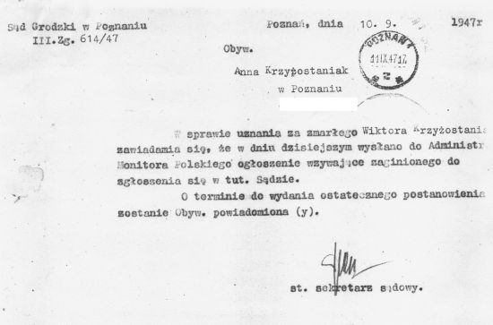 Wniosek o uznanie za zmarłego Wiktora Krzyżostaniaka