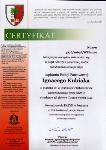 Kubiak_Ignacy_DyplomDabPamieci Certyfiak Dąb Pamięci Ignacego Kubiaka