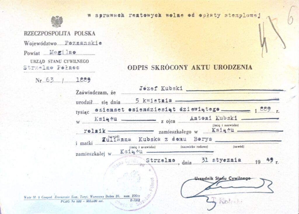 Odpis aktu urodzenia J&oacute;zefa Kubskiego