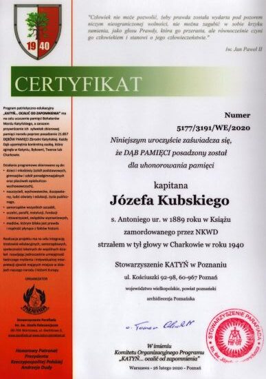 Certyfikat dębu pamięci J&oacute;zefa Kubskiego