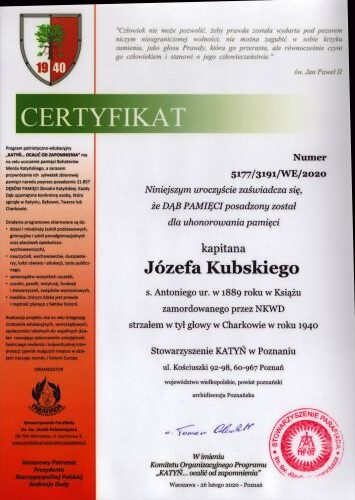 Kubski_Jozef-CertyfikatDabPamieci Certyfikat Dębi Pamięci Józefa Kubskiego.