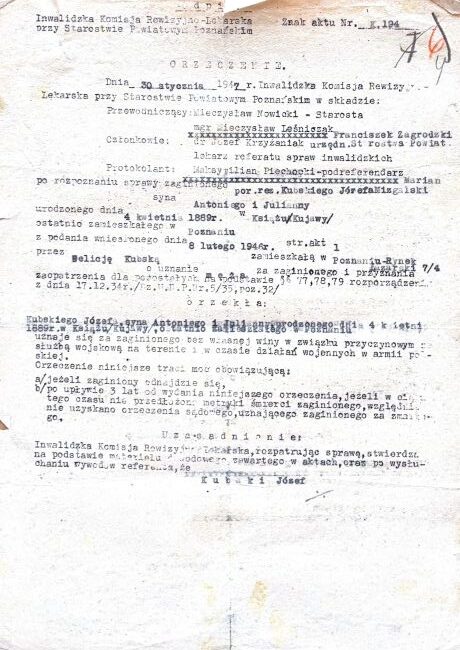 Orzeczenie w sprawie J&oacute;zefa Kubskiego 1