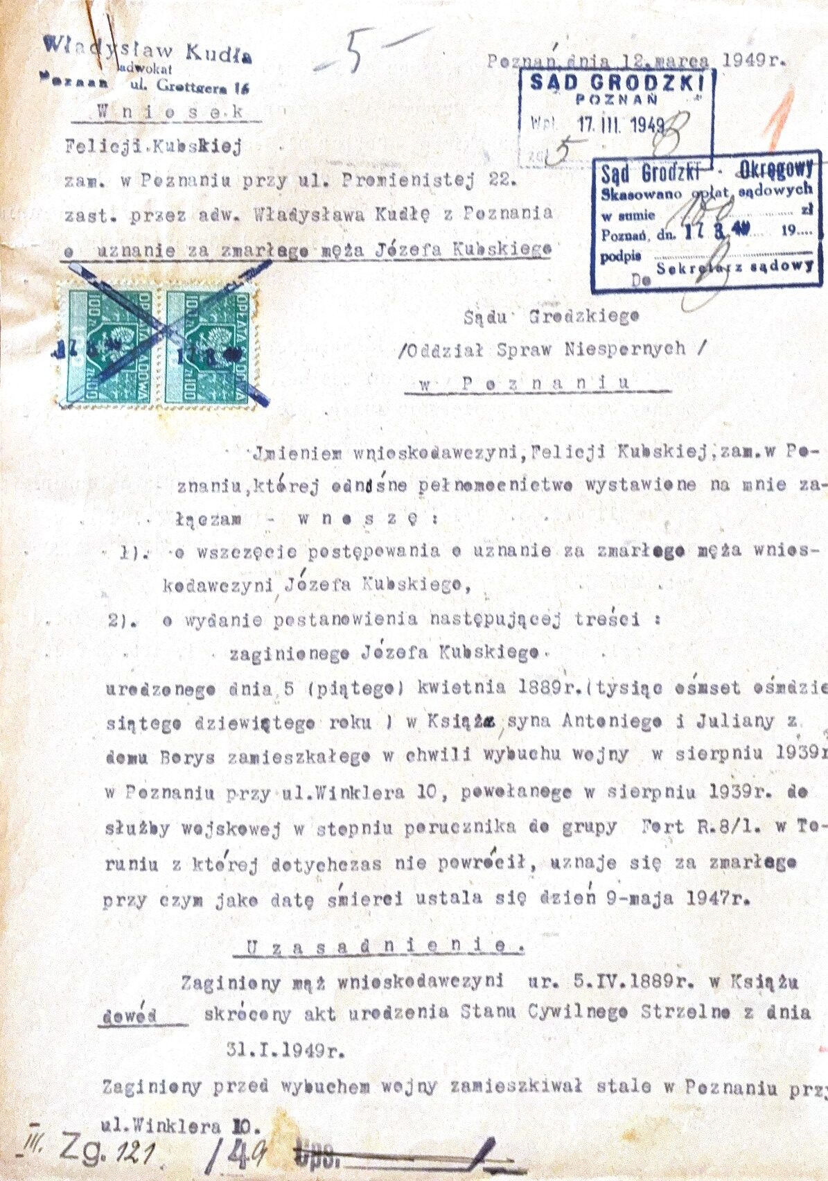 Wniosek o uznanie za zmarłego J&oacute;zefa Kubskiego 1