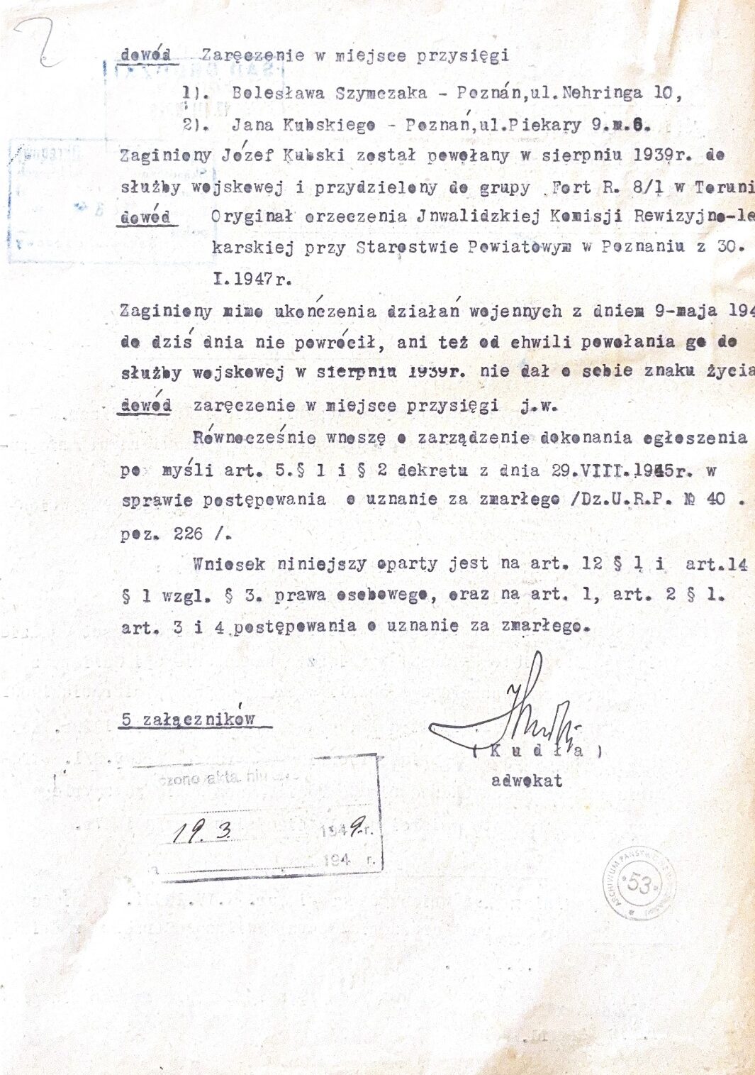 Wniosek o uznanie za zmarłego J&oacute;zefa Kubskiego 2