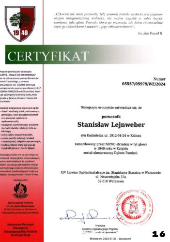 Certyfikat Dębu Pamięci Stanisława Lejnwebera.