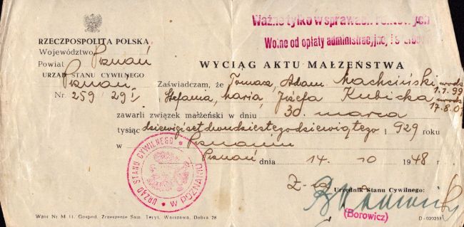 Wyciąg aktu małżeństwa Tomasza Machcińskiego